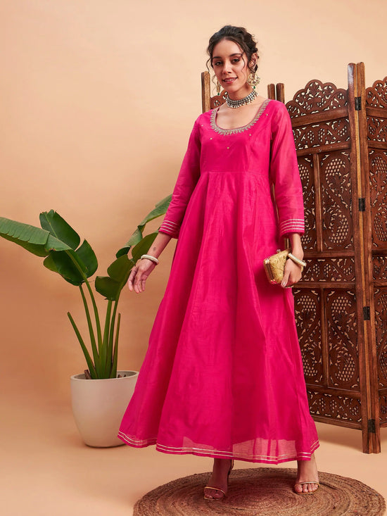 Women Fuchsia Chanderi Embroidered Anarkali Maxi Kurta