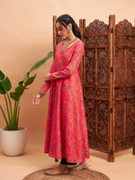 Women Pink Floral Chanderi Anarkali Maxi Kurta