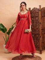 Women Rust Chanderi Embroidered Anarkali Maxi Kurta