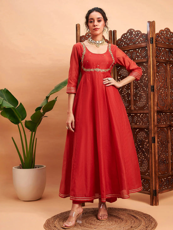 Women Rust Chanderi Embroidered Anarkali Maxi Kurta