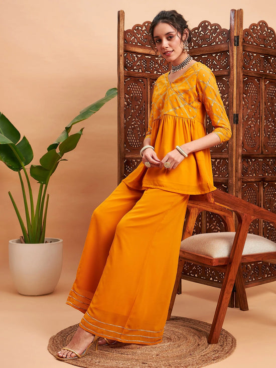 Women Mustard Mukaish Top With Sharara Pants