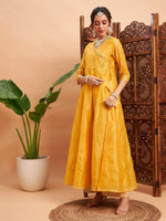 Women Yellow Chanderi Embroidered Wrap Anarkali Kurta