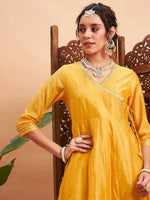 Women Yellow Chanderi Embroidered Wrap Anarkali Kurta