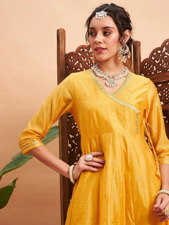 Women Yellow Chanderi Embroidered Wrap Anarkali Kurta