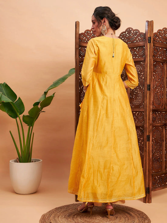 Women Yellow Chanderi Embroidered Wrap Anarkali Kurta