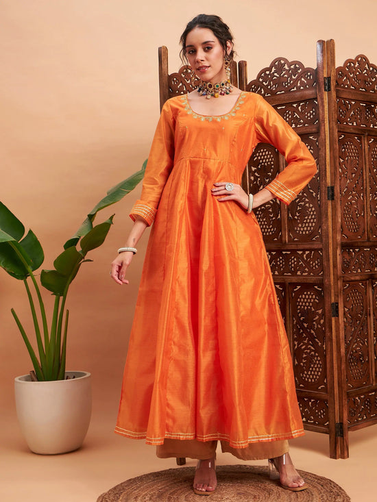 Women Orange Chanderi Embroidered Anarkali Maxi Kurta