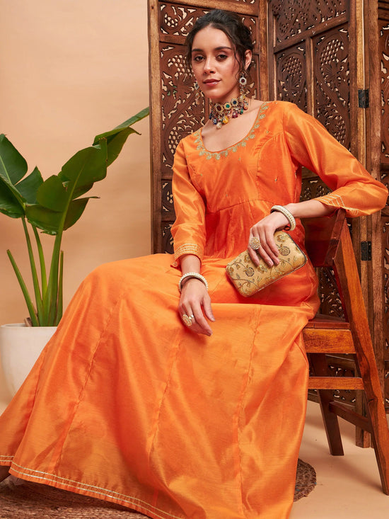 Women Orange Chanderi Embroidered Anarkali Maxi Kurta