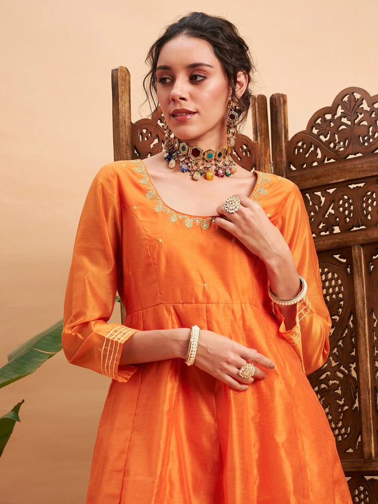 Women Orange Chanderi Embroidered Anarkali Maxi Kurta