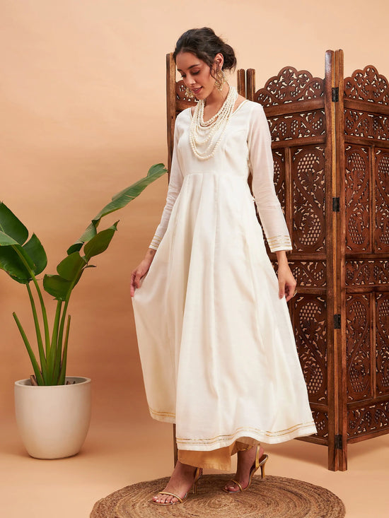 Women Off White Chanderi Solid Anarkali Maxi Kurta