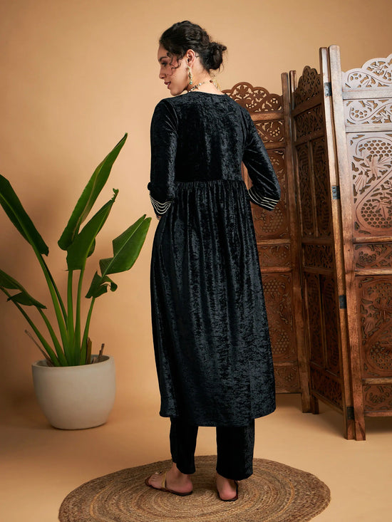 Women Black Velvet Wrap Gathered Kurta