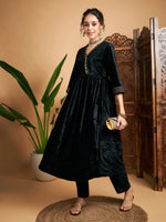 Women Black Velvet Wrap Gathered Kurta