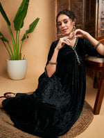 Women Black Velvet Wrap Gathered Kurta