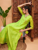 Women Lime Green Chanderi Embroidered Wrap Anarkali Kurta