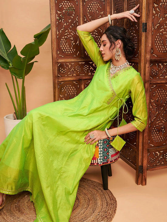 Women Lime Green Chanderi Embroidered Wrap Anarkali Kurta