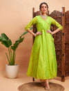 Women Lime Green Chanderi Embroidered Wrap Anarkali Kurta