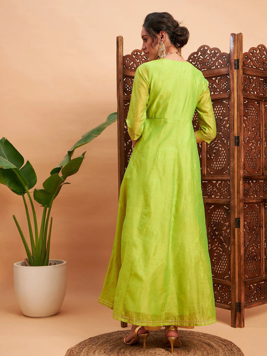 Women Lime Green Chanderi Embroidered Wrap Anarkali Kurta