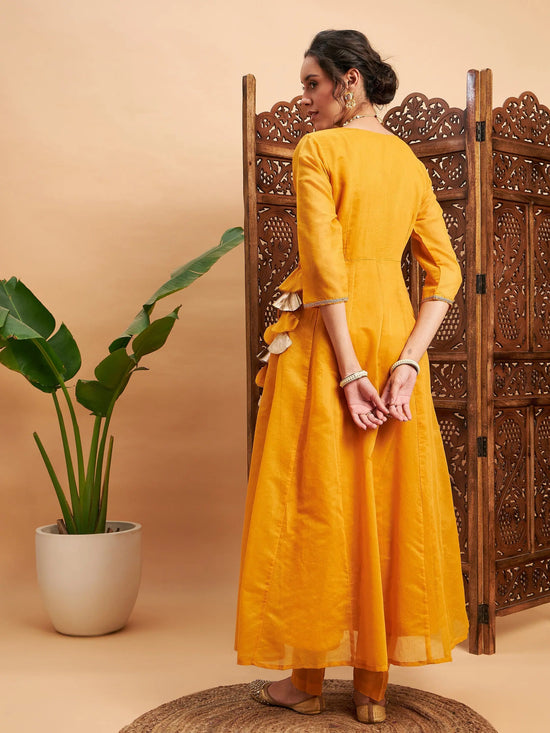 Women Mustard Chanderi Round Neck Anarkali Kurta