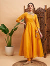 Women Mustard Chanderi Round Neck Anarkali Kurta