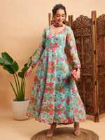 Women Blue Floral Sweatheart Neck Anarkali Maxi Kurta