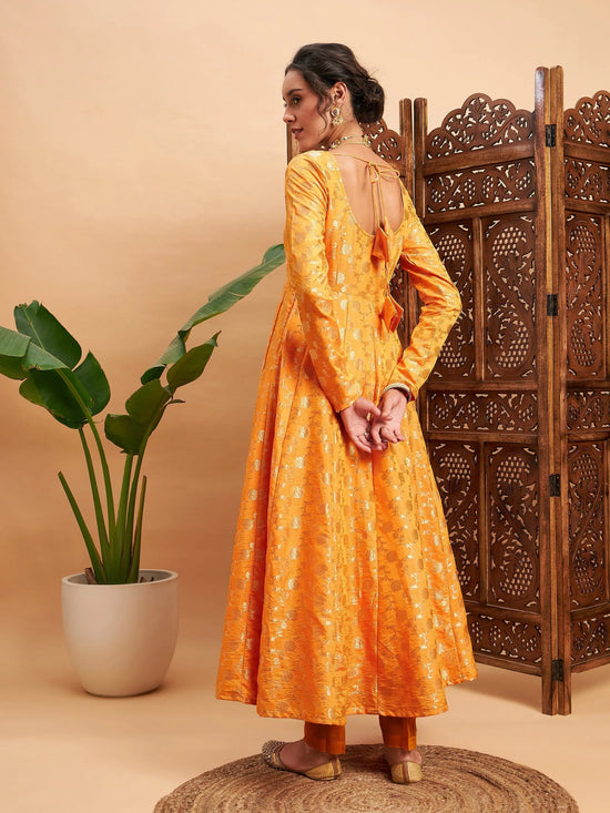 Women Mustard Floral Brocade Anarkali Maxi Kurta