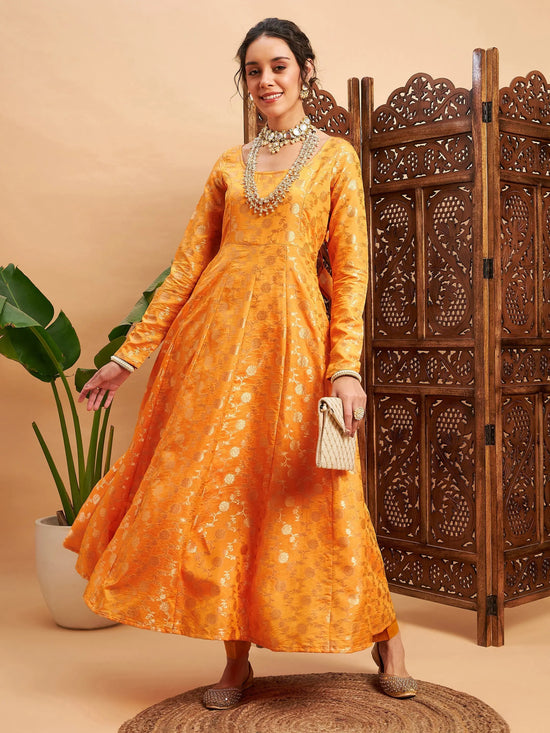 Women Mustard Floral Brocade Anarkali Maxi Kurta