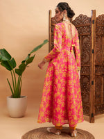 Women Fushcia Floral Sweatheart Neck Anarkali Maxi Kurta