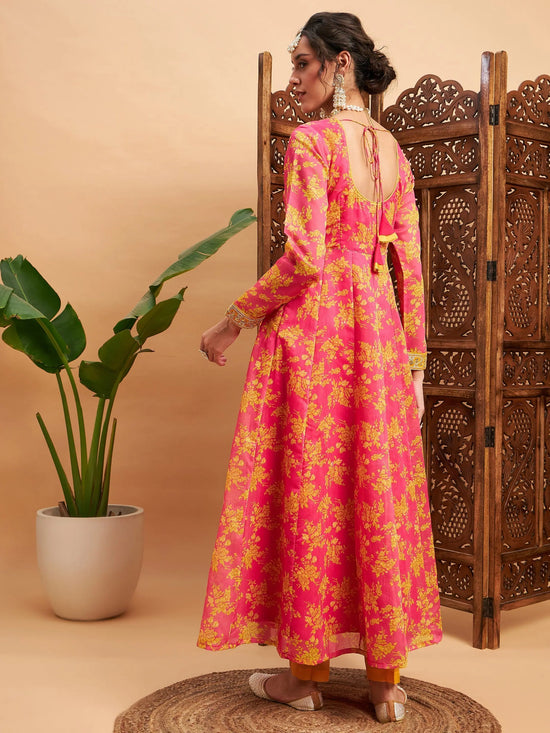 Women Fushcia Floral Sweatheart Neck Anarkali Maxi Kurta