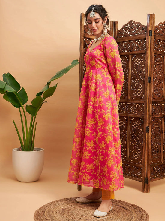 Women Fushcia Floral Sweatheart Neck Anarkali Maxi Kurta