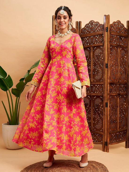 Women Fushcia Floral Sweatheart Neck Anarkali Maxi Kurta