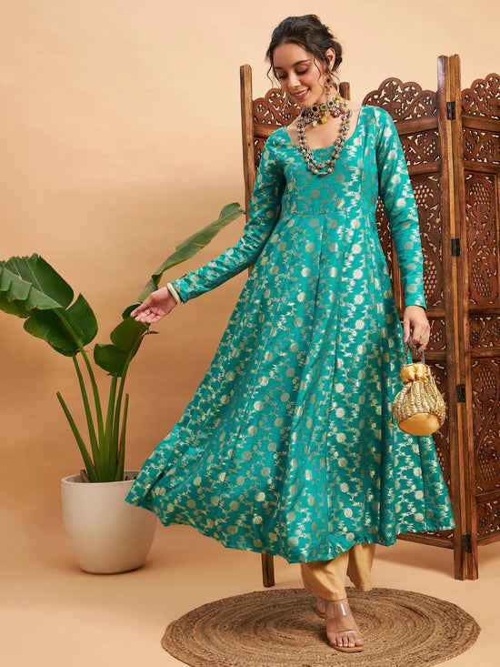 Women Teal Floral Brocade Anarkali Maxi Kurta