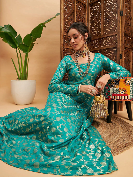 Women Teal Floral Brocade Anarkali Maxi Kurta