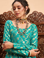 Women Teal Floral Brocade Anarkali Maxi Kurta