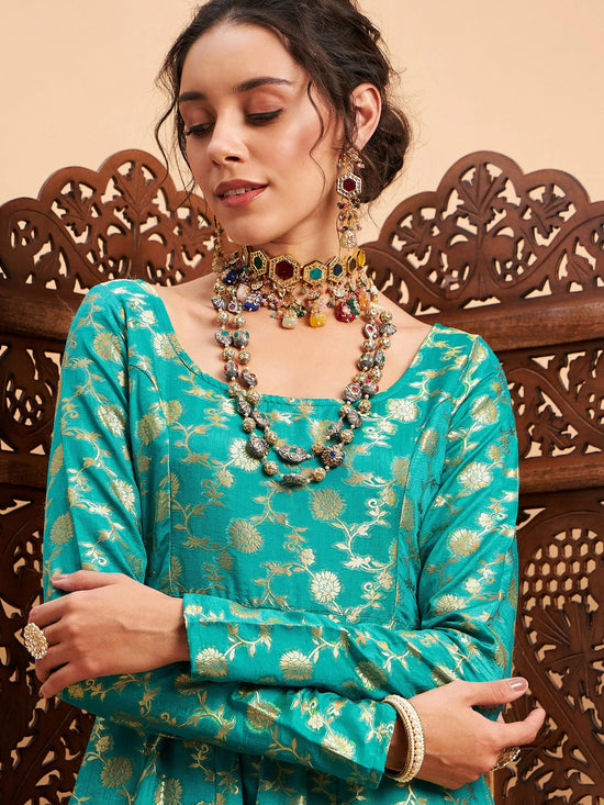 Women Teal Floral Brocade Anarkali Maxi Kurta