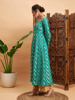 Women Teal Floral Brocade Anarkali Maxi Kurta