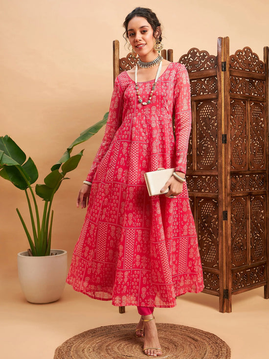 Women Pink Floral Anarkali Kurta