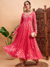 Women Fuchsia Floral Brocade Anarkali Maxi Kurta