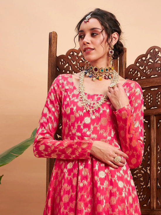 Women Fuchsia Floral Brocade Anarkali Maxi Kurta