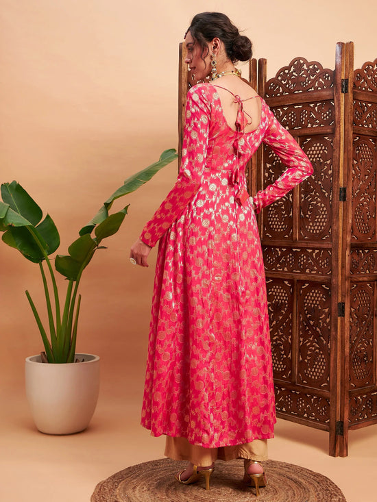 Women Fuchsia Floral Brocade Anarkali Maxi Kurta