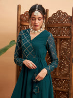 Women Teal Green Mukaish Work Wrap Anarkali Kurta