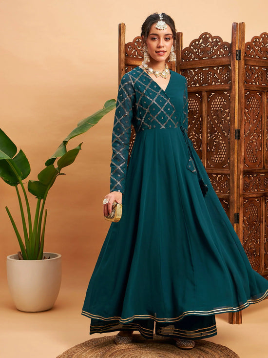 Women Teal Green Mukaish Work Wrap Anarkali Kurta