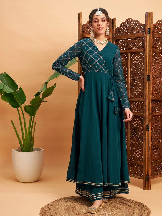 Women Teal Green Mukaish Work Wrap Anarkali Kurta