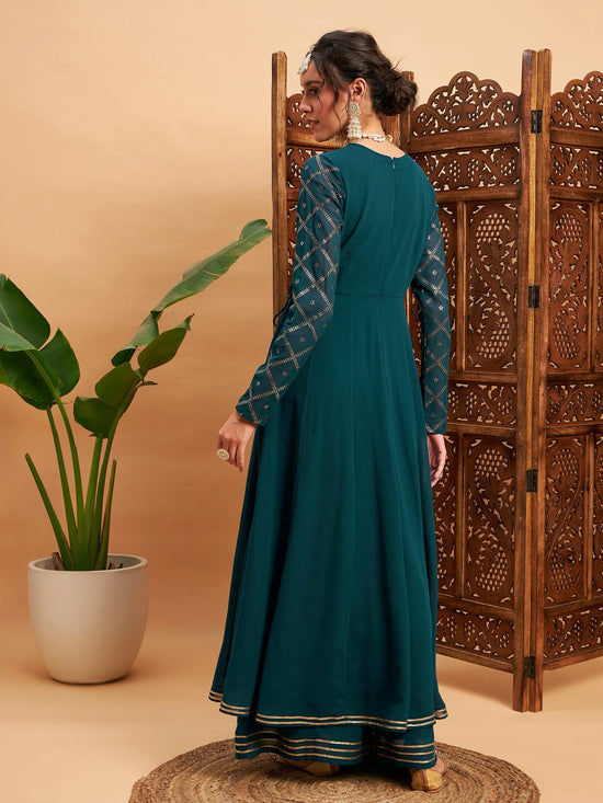 Women Teal Green Mukaish Work Wrap Anarkali Kurta