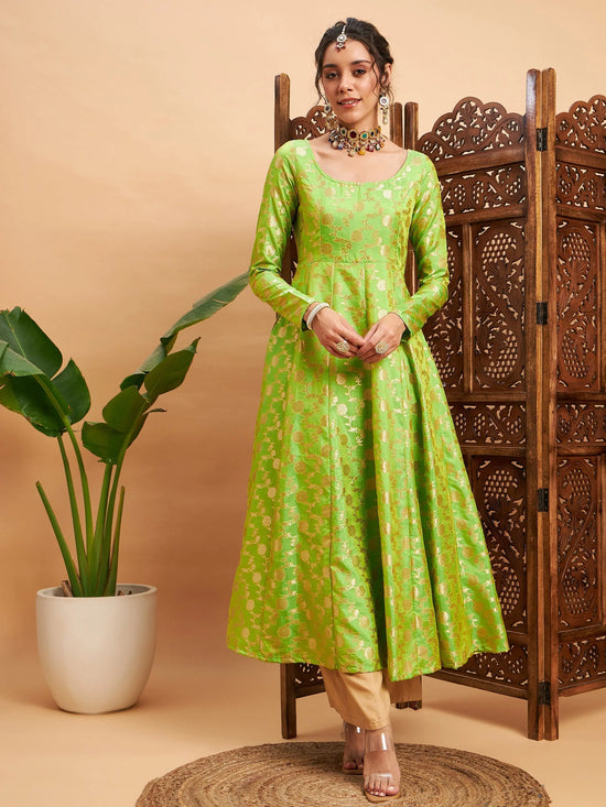 Women Green Floral Brocade Anarkali Maxi Kurta