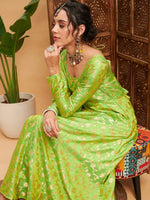 Women Green Floral Brocade Anarkali Maxi Kurta