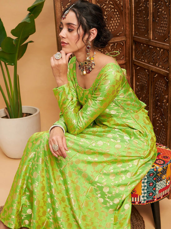 Women Green Floral Brocade Anarkali Maxi Kurta