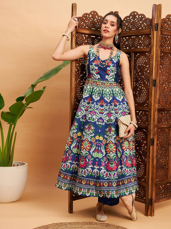 Women Navy Floral Sleeveless Anarkali Maxi Kurta