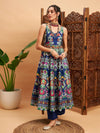 Women Navy Floral Sleeveless Anarkali Maxi Kurta