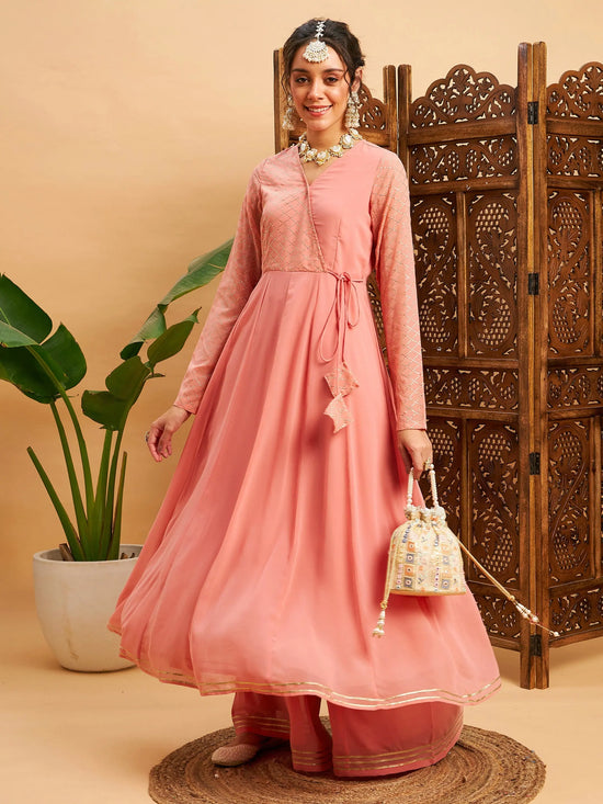 Women Pink Mukaish Work Wrap Anarkali Kurta