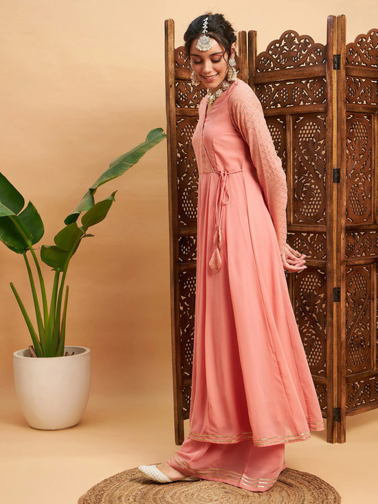 Women Pink Mukaish Work Wrap Anarkali Kurta