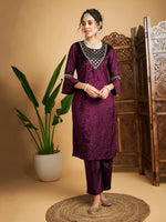 Women Purple Velvet Zari Embroidered Kurta